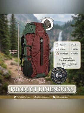 Field & Stream 1871 Large  45L Internal Frame Hiking Backpack - Maroon/Dark Gray